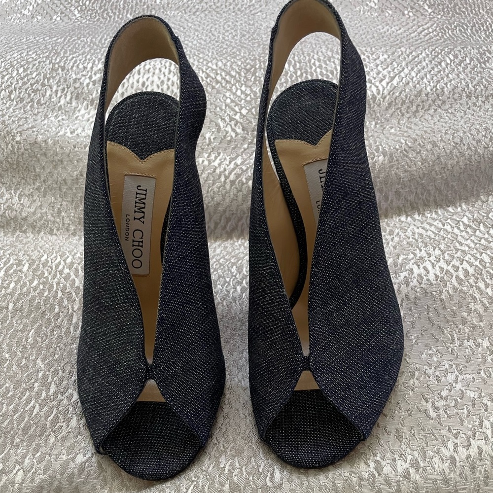 Jimmy Choo Shar Denim Sandals 4 inch heel
